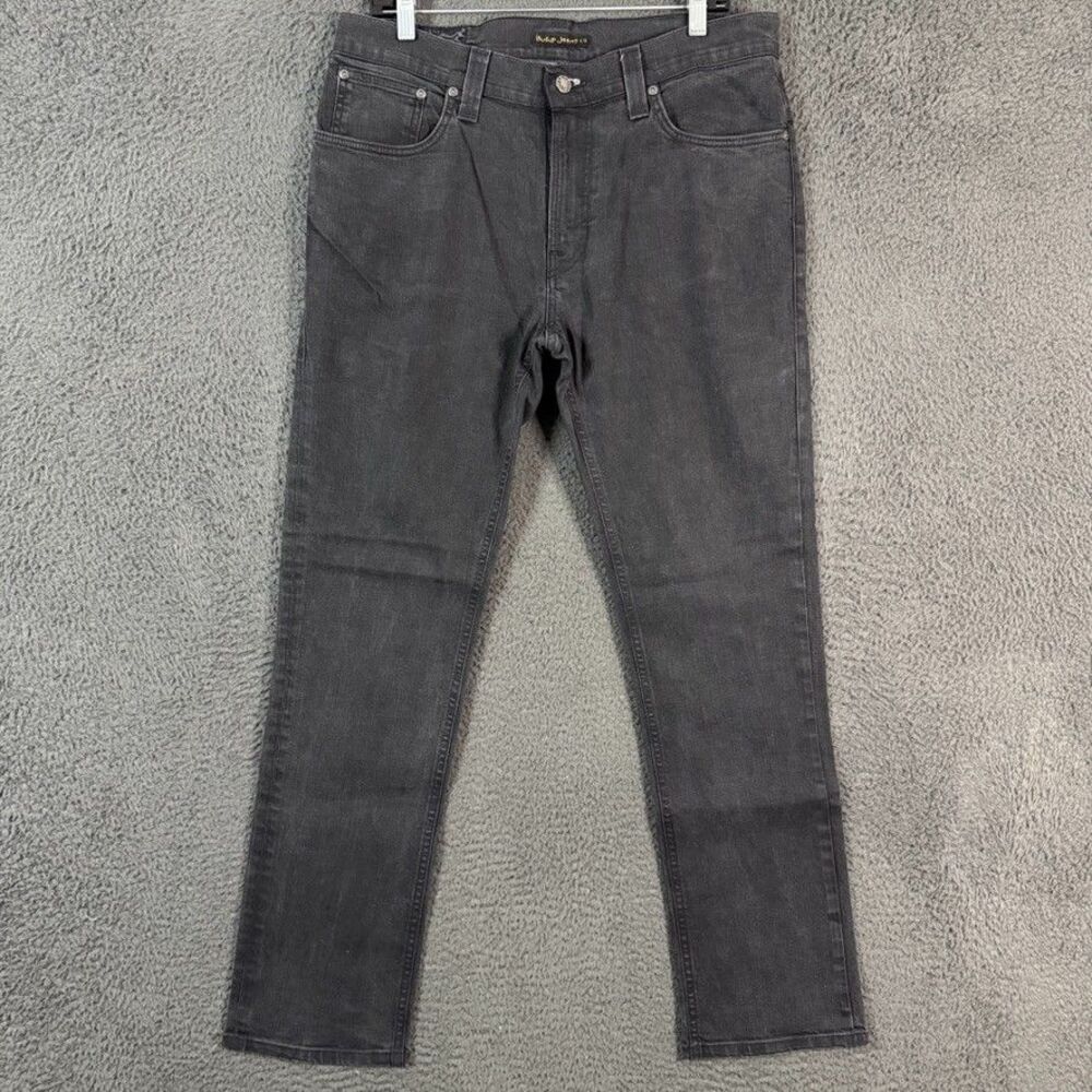 Nudie Jeans Co Mens 36x34 (Fits 34x31) Black Thin Finn Dry Black Dark Wash Denim